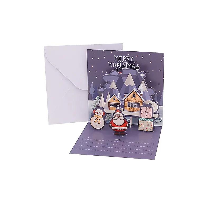 Merry Christmas Three-dimensional Greeting Cards with Envelope Santa Claus Snowman Laser Cut Xmas Happy New Year Greeting Cards