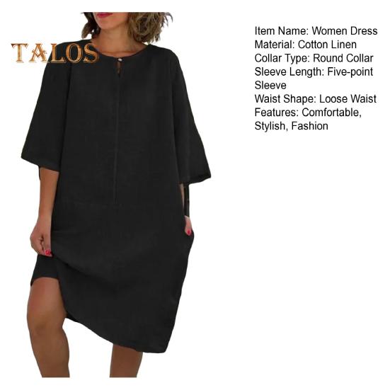 Женское свободное платье-рубашка из хлопка и льна, повседневное платье миди с рукавом 1/2 и круглым вырезом, летний пляжный сарафан для отдыха