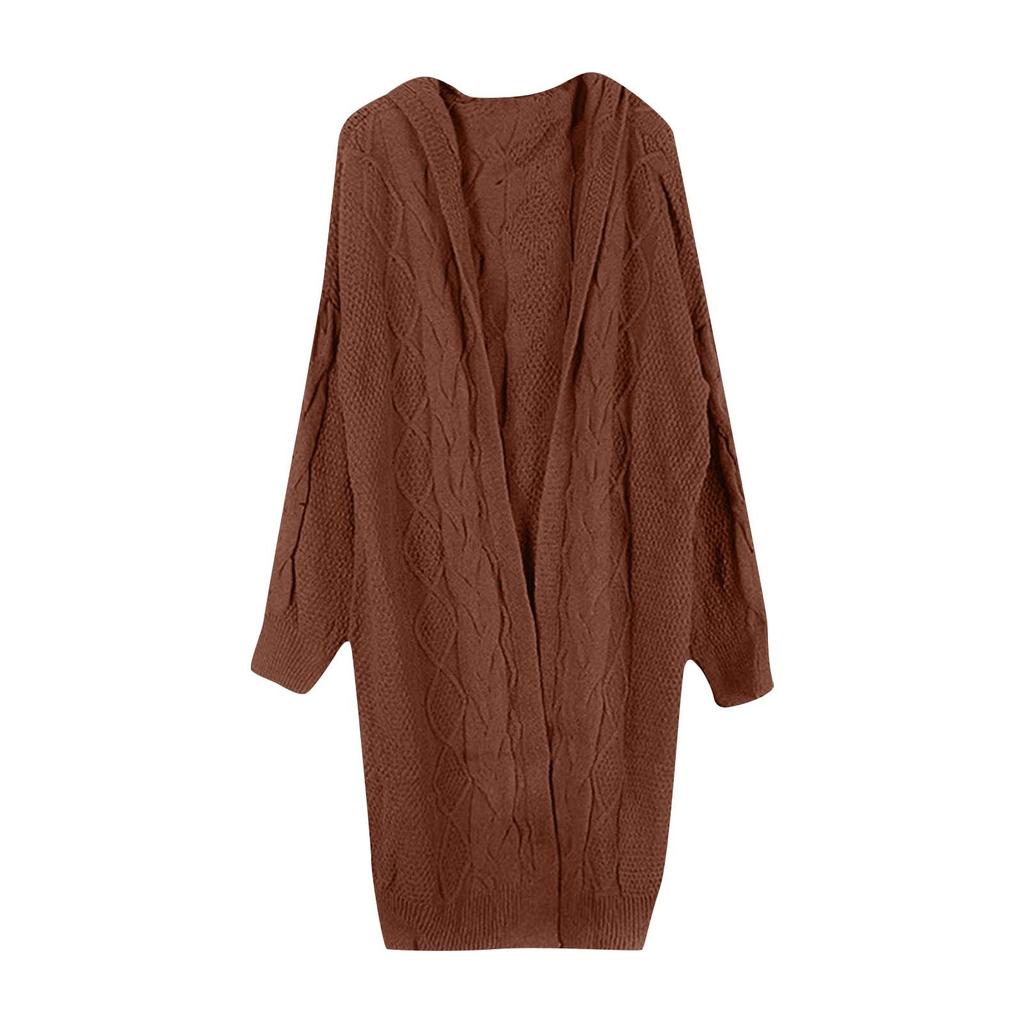 Women's Autumn And Winter Solid Color Loose Knit Sweater Mid-Length Hooded Jacket Sweater