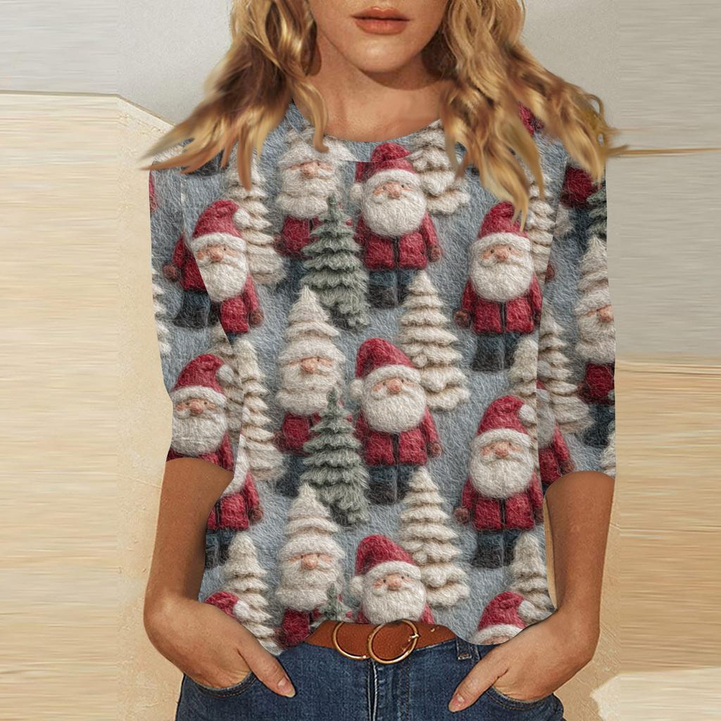 Женский модный повседневный топ с рукавом три четверти и рождественским принтом, круглый вырез