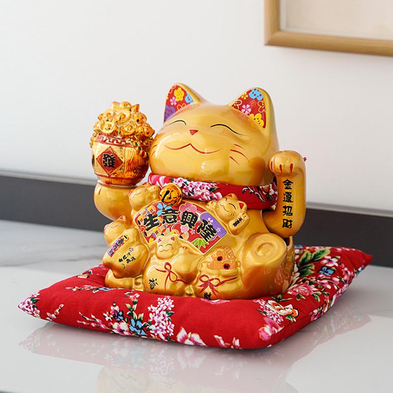 7,5-дюймовый керамический орнамент Манеки-неко, золотой фарфор, кошка, приносящая удачу, китайское украшение фэн-шуй, манящая кошка, машущая рукой