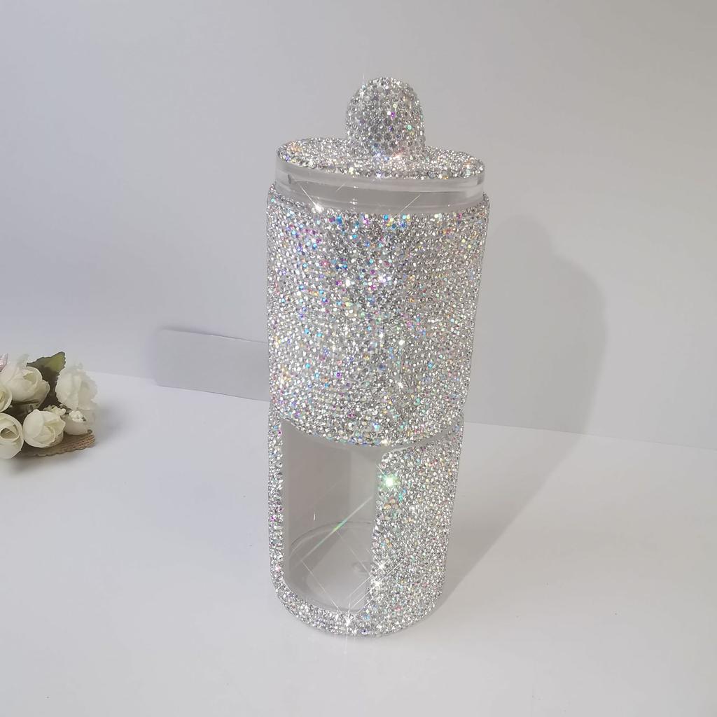 Luxury Acrylic Brush Organizer with Lid Sparkling Rhinestones Cosmetic Makeup Organizer Box Round Storage Container