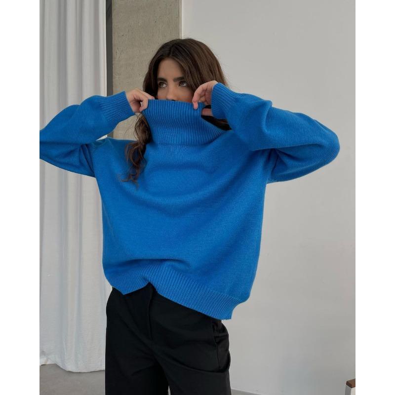 Осенне-зимний женский свитер, однотонный утепленный вязаный свитер, удобный повседневный свободный свитер с высоким воротником
