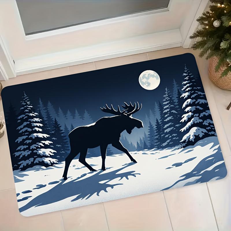 1pc Flannel Floor Mat, Winter Snow Scene with Elk Silhouette Pattern, Entrance Doormat, Non-Slip Absorbent Foot Mat for Bathroom, Bedroom, Kitchen, Ho