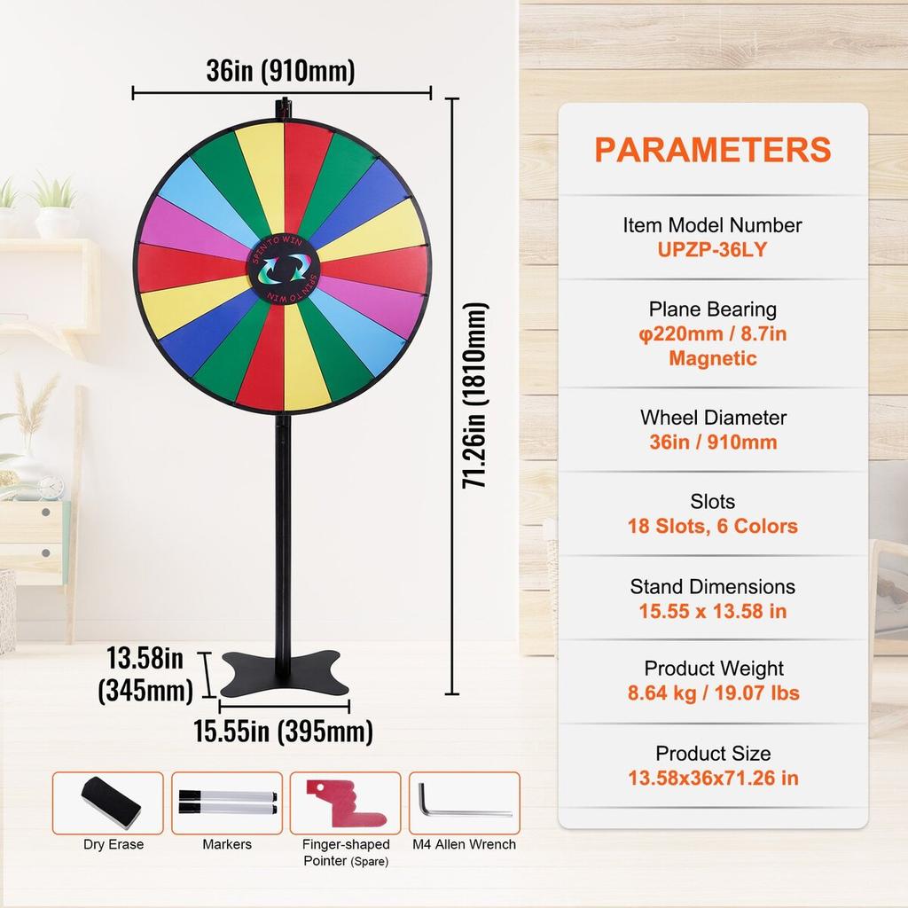 36 inch Spinning Prize Wheel, 18 Slots Spinning Wheel, Roulette Wheel with a Dry Erase and 2 Markers, Tabletop or Floor Standing Win Fortune Spin