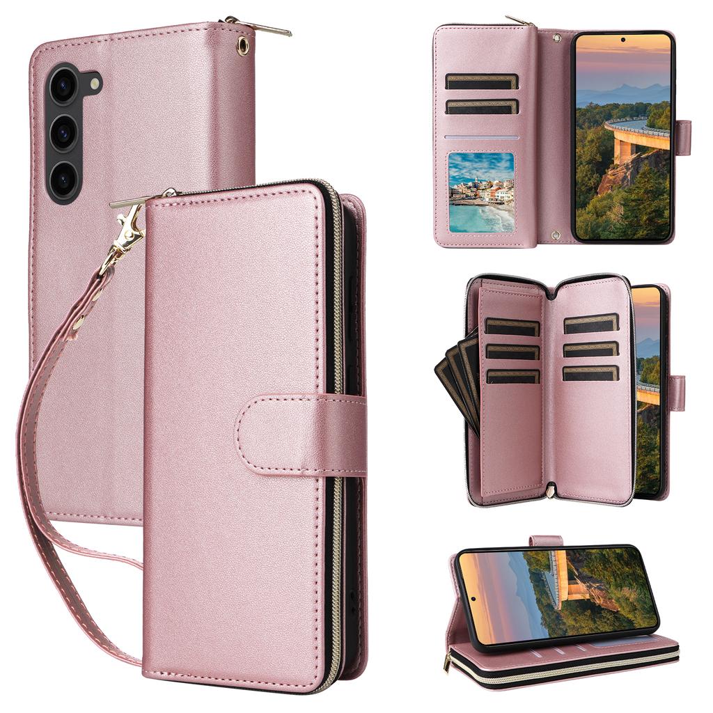 R20 For Samsung Galaxy S23+ Case Zipper Pocket Leather Phone Cover with 9 Card Slots