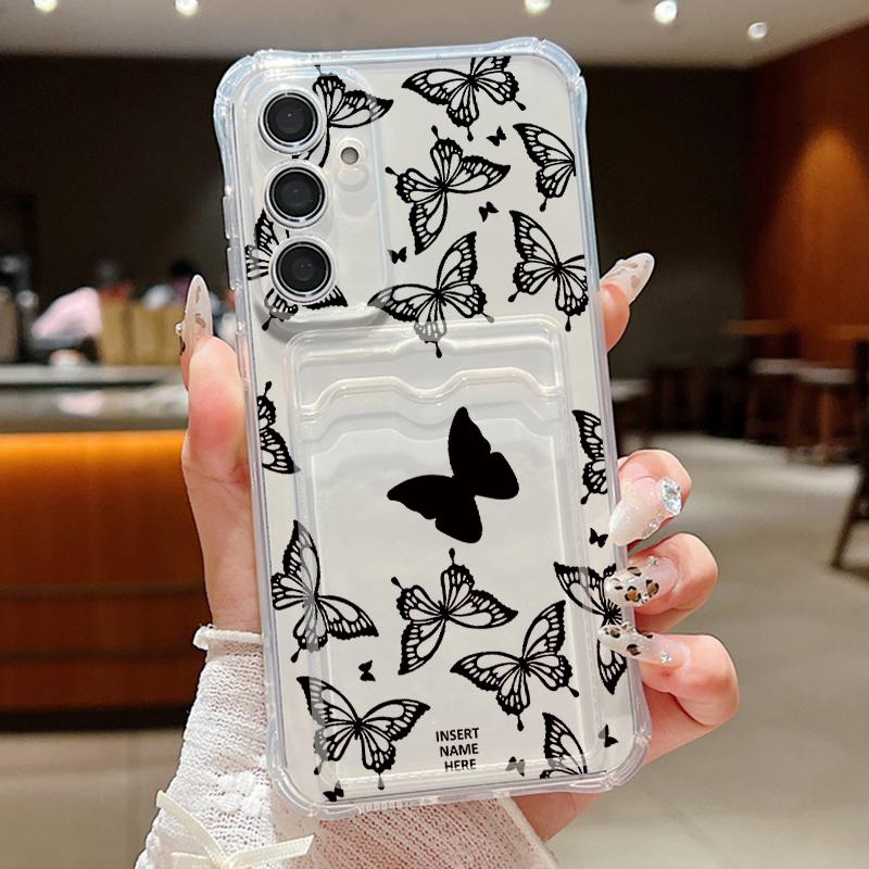 Черный чехол с рисунком бабочки и слотом для карт для Samsung S24 FE S23 Ultra S22 A16 A55 A15 A35 A54 A14, прозрачный противоударный мягкий силиконовый чехол для телефона