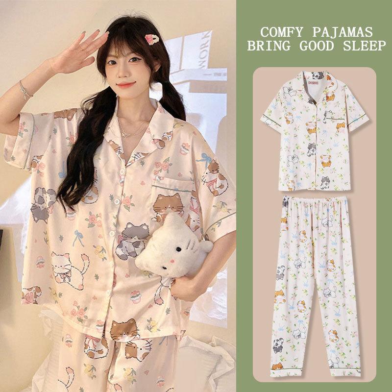 Girly heart bursting cute rabbit print pajamas women's summer short-sleeved trousers cardigan loose loungewear set thin
