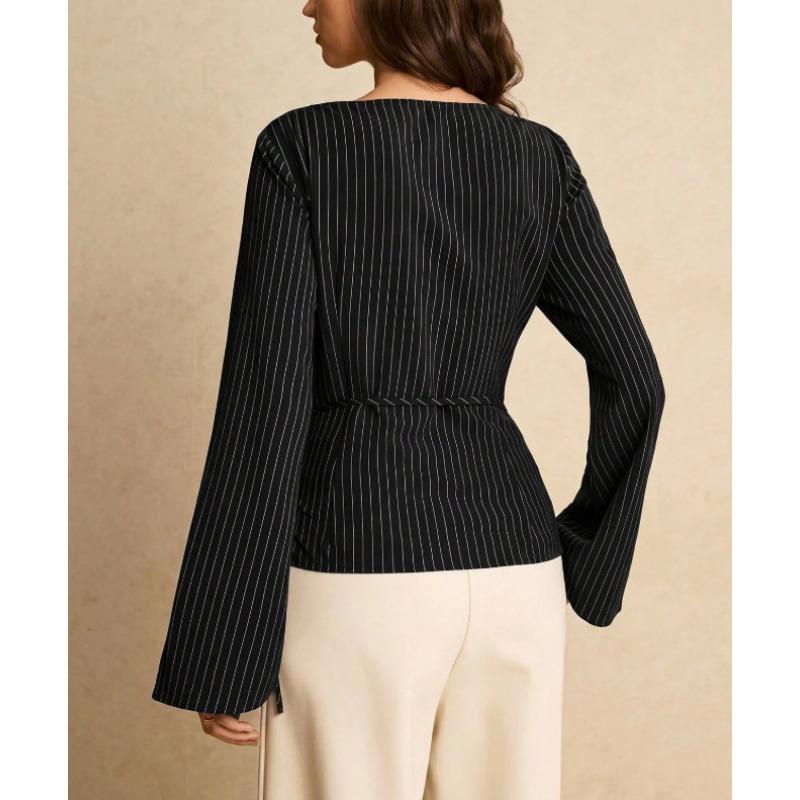 Women S Long Sleeve Striped Irregular Waist Design Shirt