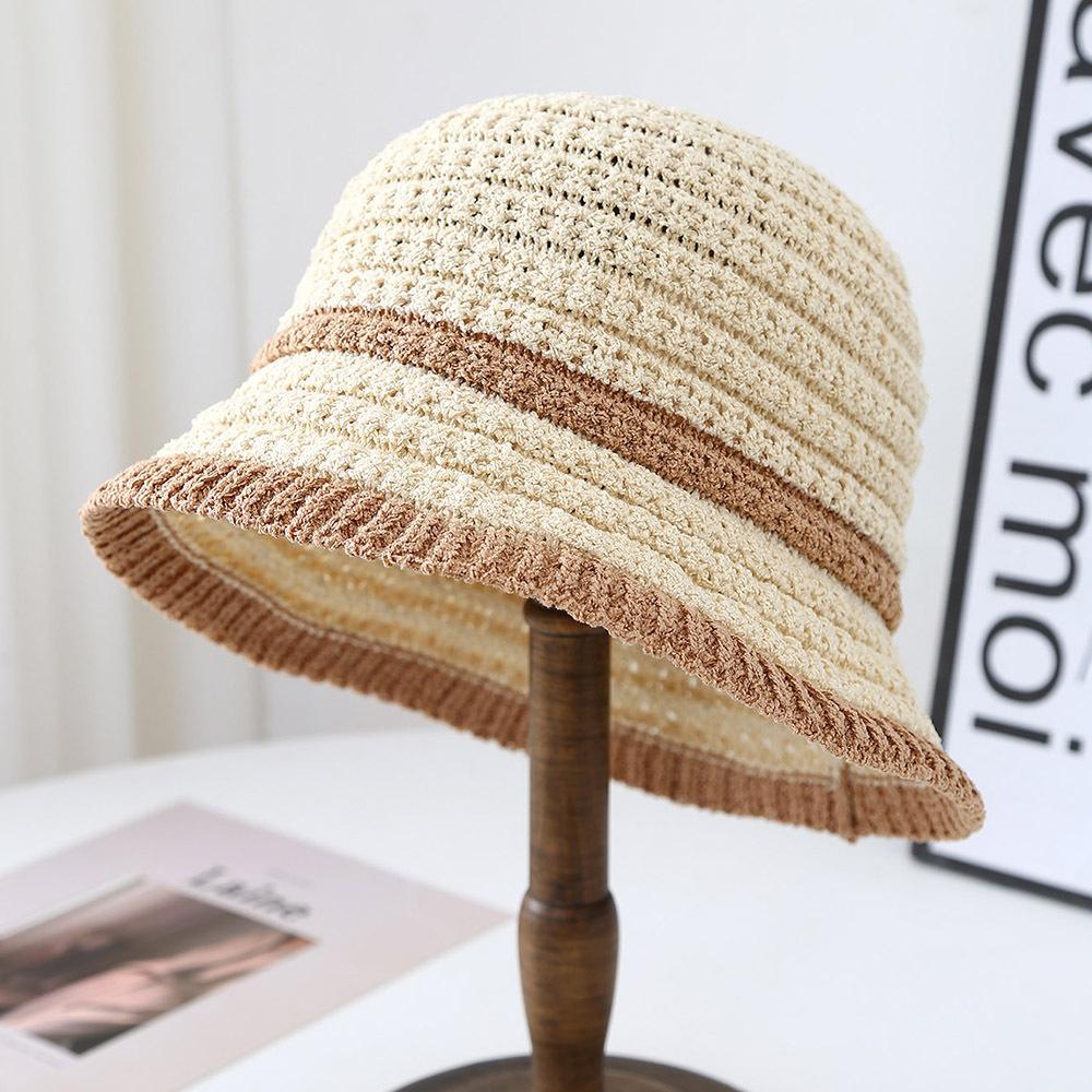 Contrast color brim knitted breathable bucket hat women's autumn new vacation sunscreen basin hat versatile casual bucket hat