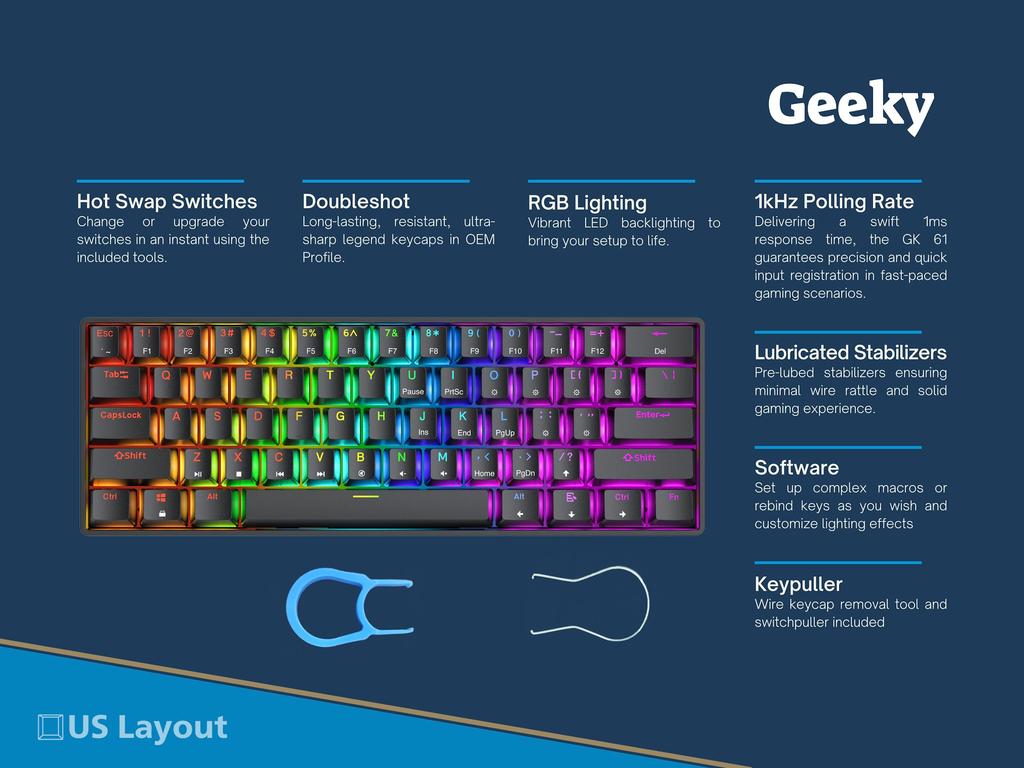 Geeky GK61 60% Hot-Swappable Mechanical Gaming Keyboard 61-Key Multicolor RGB LED Backlight for PCMac Gamers ANSI US Layout (Black, Mechanical Red)