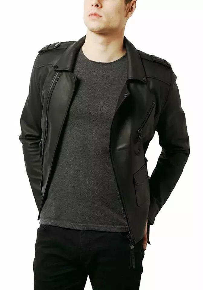 Стильная мужская кожаная куртка Черная куртка из натуральной кожи ягненка Мотоциклетная