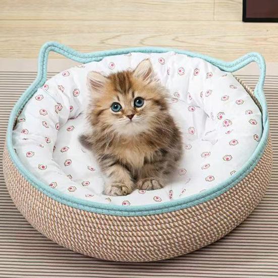 Корзина-кровать для кошки с подушкой, хлопковая веревка, ручная работа, дышащая лежанка для питомца с ушками кошки, для домашних кошек
