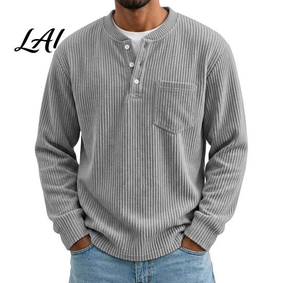 Thoughtful Gifts for Husband Men Corduroy Sleeve Button Long Pullover Shirt Collar with Chest Pocket