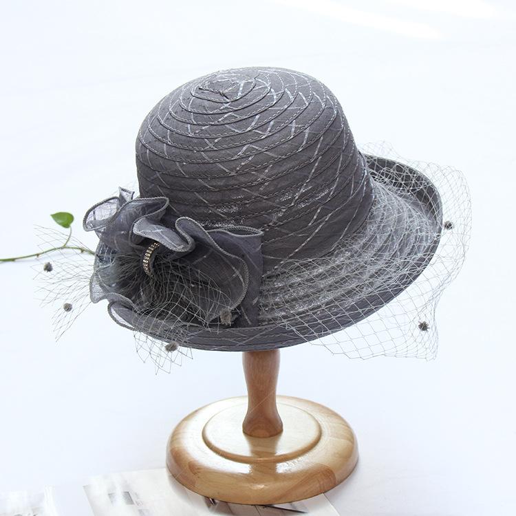 European and American lace mysterious mesh crimped top hat elegant diamond bow sun hat women's summer fashion sun hat