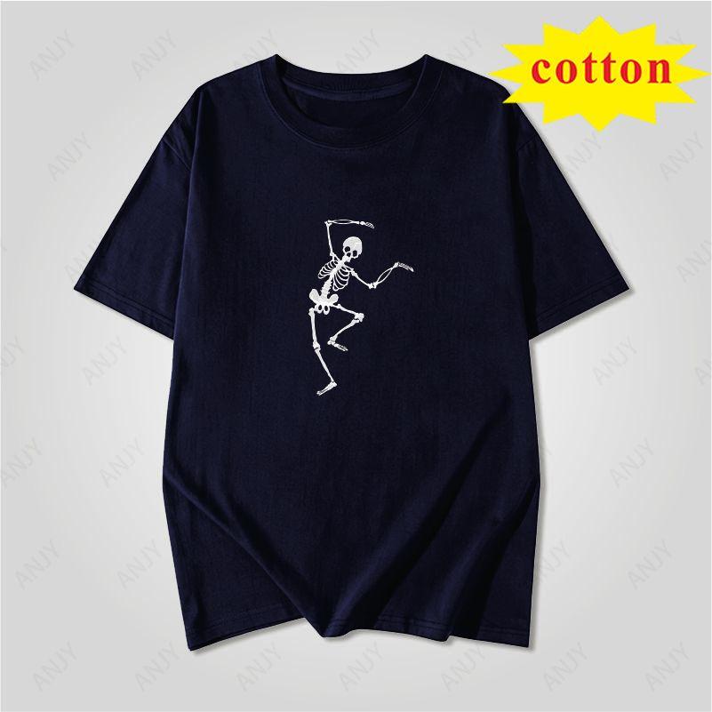 American Retro Skateboard Short Sleeved Female Skeleton Skeleton Playing Skateboard Print Loose Short Sleeved Tshirt