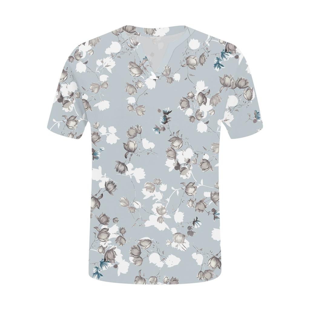 Женская повседневная футболка с цветочным принтом, пуловер с V-образным вырезом и коротким рукавом