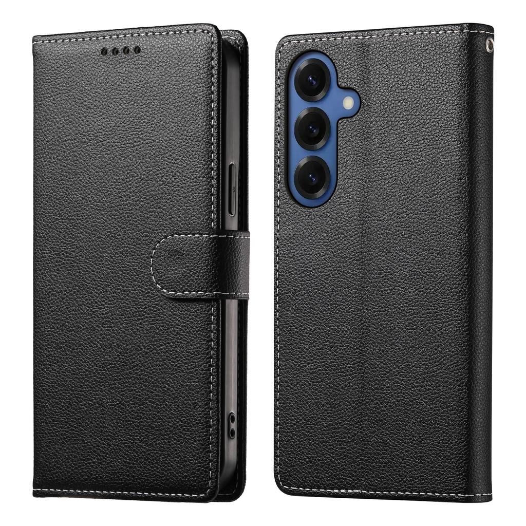 For Samsung Galaxy S26+ Case Magnetic Snap Litchi Texture Leather Wallet Phone Cover with Wrist Strap