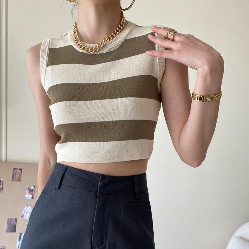 Сексуальная женская майка в рубчик, летние укороченные топы без рукавов в полоску с круглым вырезом, уличная винтажная корейская модная рубашка, жилет, одежда Y2K