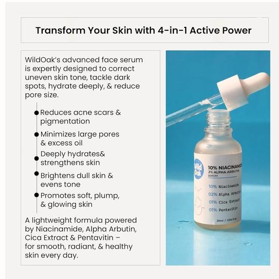 WILD OAK 2% Alpha Arbutin + 10% Niacinamide Face Serum | Alpha Arbutin Is Powerful For Pigmentation, Acne Scars & Spot | 30Ml