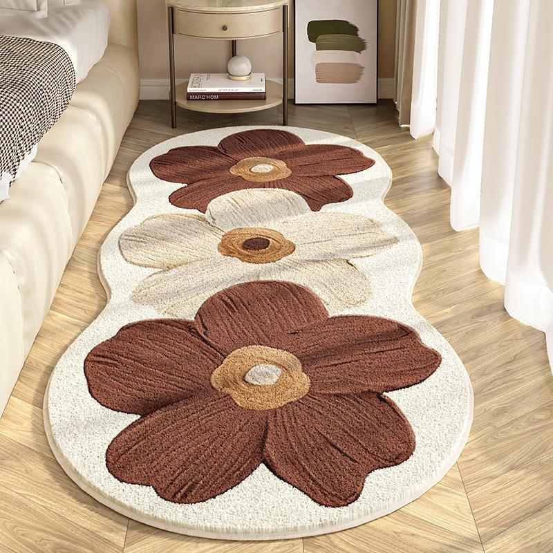 High Pile Polyester Area Rug Washable Carpet with Striped Flower Pattern, Machine Made Irregular Shape Rug for Bedroom, Living Room, and Indoor Spaces