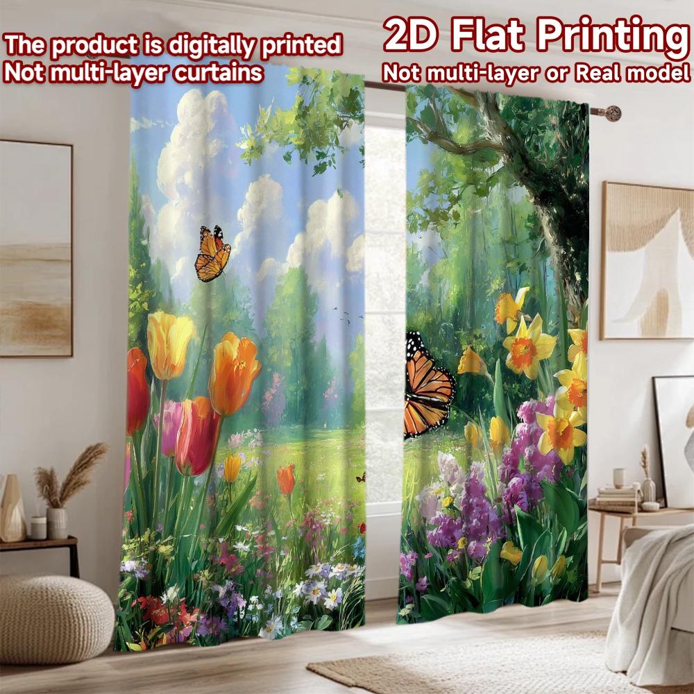 2D flat printing 2pcs Drapes Beautiful Butterfly Garden Flowers Digital Printed Polyester Drapes Festive Wall Decor for Entryway