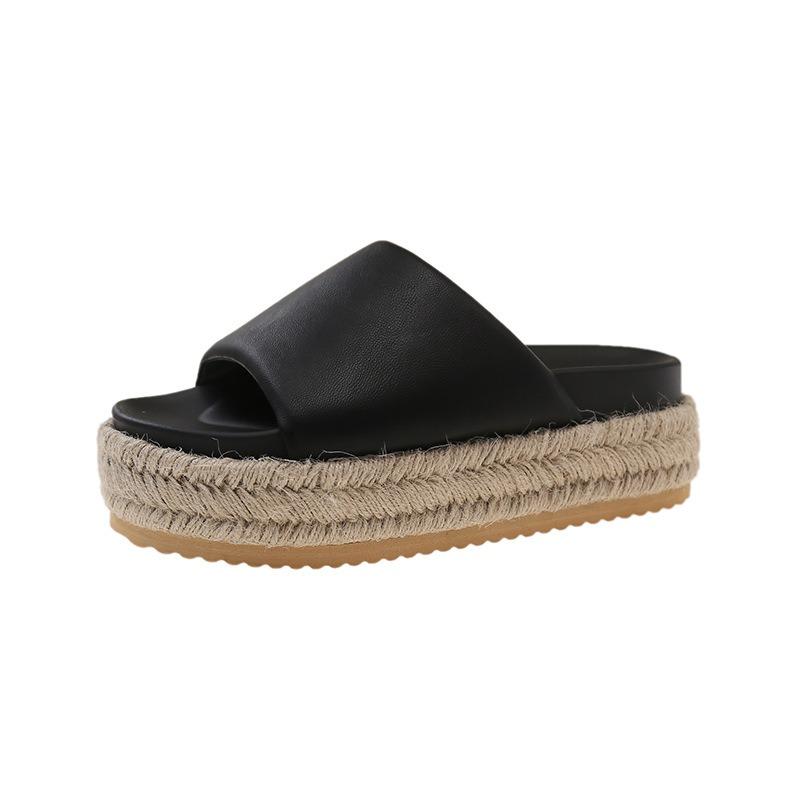 Летний отпускной стиль плетеная из соломы толстая подошва танкетка круглая голова тапочки-шлепки на полтора слова универсальные для ношения на улице с открытым носком прохладные женские