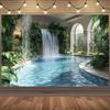 Tropical oasis background fabric, featuring a waterfall pool and lush plants - polyester fiber garden wall decoration