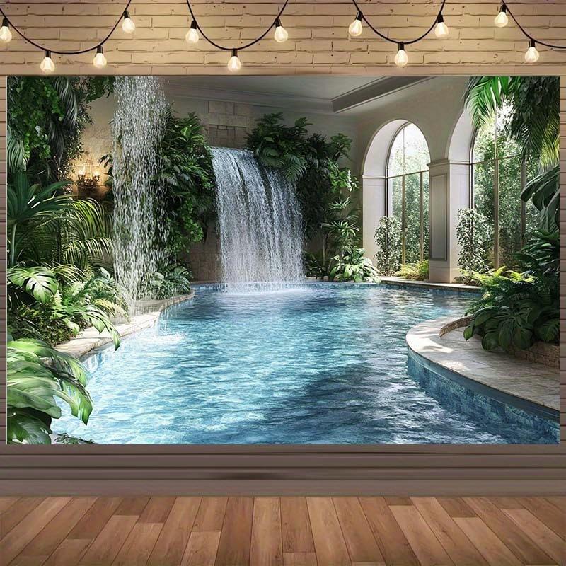 Tropical oasis background fabric, featuring a waterfall pool and lush plants - polyester fiber garden wall decoration