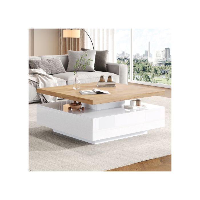 Table basse - MUVOE - Carrée - 360° pivotante - Noyer et blanc brillant - Espace de rangement caché