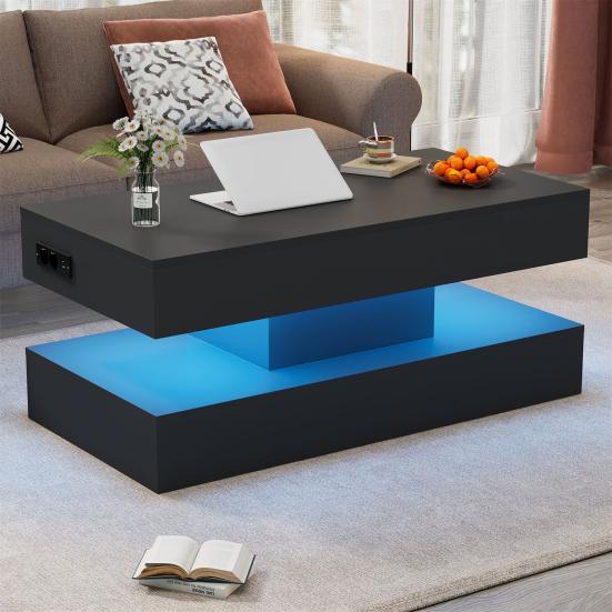 Rectangle LED Coffee Table Modern with Light And Hidden Storage Space Side Hydraulic Lift 100x50x42cm 50kg Load Capacity Living Room Center