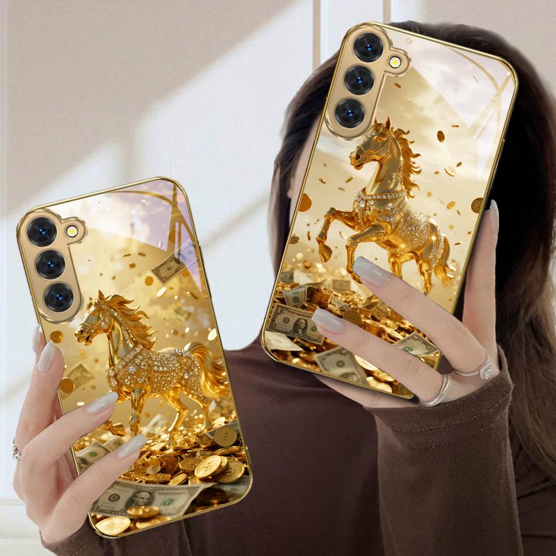 Прекрасный золотой конь Для Samsung Galaxy S20 FE S21 S22 Ultra S23 Plus S24 Ultra 25Ultra S21+ S9+ 22Plus Золотой стеклянный чехол для телефона