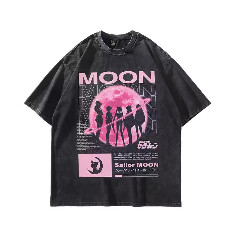 2026 Sailor Moon Pink Moon Silhouette Vintage Washed Black Anime Graphic T-Shirt Unisex Oversized Y2K Streetwear Cotton Tee