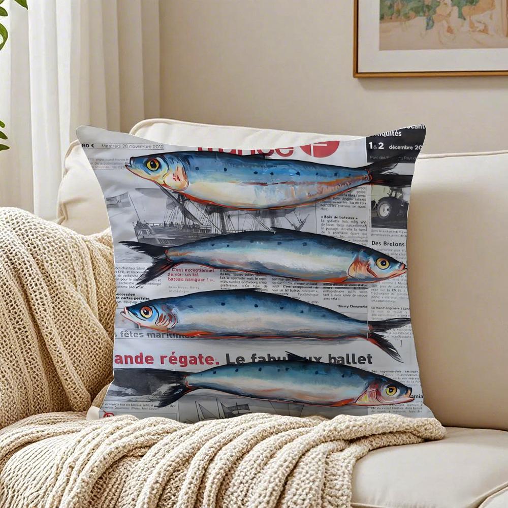 Colorful Sardine Lobster Pattern Art Cushion Cover Linen Pillowcase Soft for Sofa Bed Home Room Decor