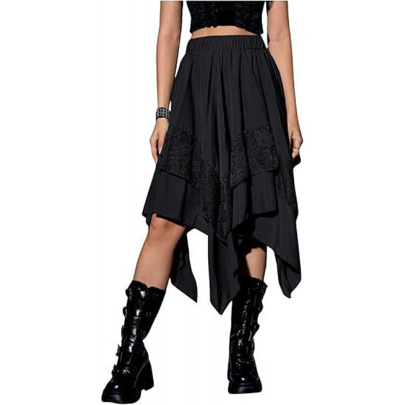 Womens Renaissance Style Midi Skirt Asymmetrical Patchwork Solid Color Teens To Middle-aged