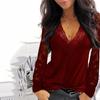 Women's V-neck Sexy Clothes Lace Long-sleeved Casual T-shirt Solid Black Green Color T-shirt