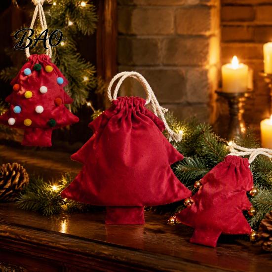 Fabric Storage Bags for Gifts Christmas Tree Shaped Gift Bag, Reusable Drawstring Treat Goody with Pompoms Durable Polyester Sacks Bells, Winter