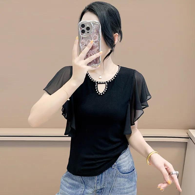 Summer Women's European T-Shirt Sexy O-Neck Hollow Out Hot Diamonds Design Tops Ladies Chic Short Sleeve Slim Tees