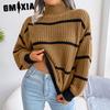 Женская мода, повседневный полосатый принт, осень-зима, длинный рукав, полуводолазка, свободный вязаный свитер с рукавами-фонариками