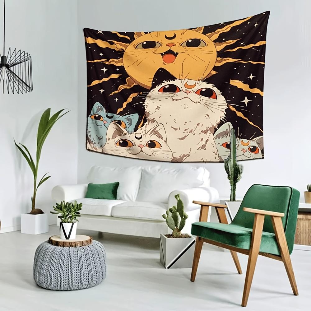 Cat Sun Tapestry Cute Kitty Moon Wall Hanging Aesthetic Cat Art Vintage Space Decor for Bedroom Living Room