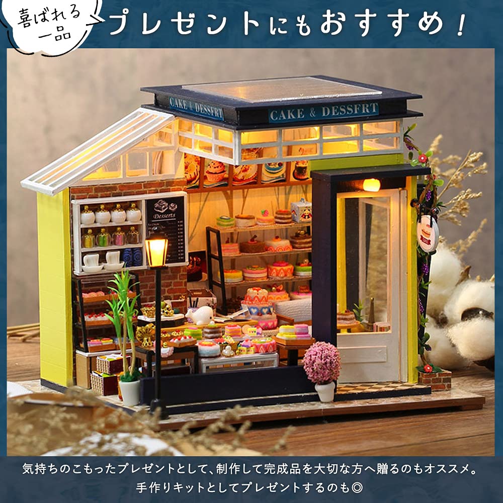 Moin Moin Dollhouse Miniature Handmade Kit Set Cafe Cake Shop with Colorful Cakes Yellow Coffee Shop LED Light Acrylic Case 2105DH254 1/24 +