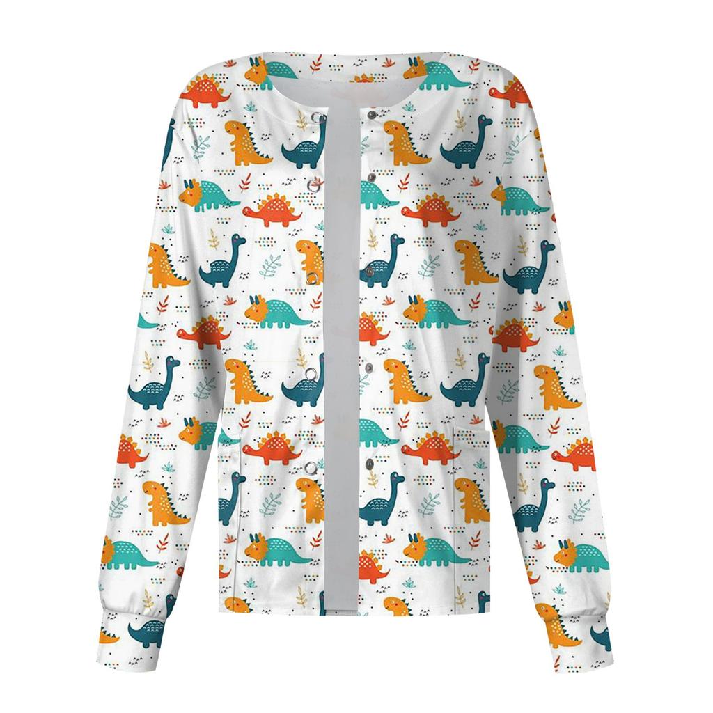 Женский однобортный защитный комбинезон с длинным рукавом и рисунком динозавра, карманный рабочий воротник-стойка, кардиган, куртка, топ