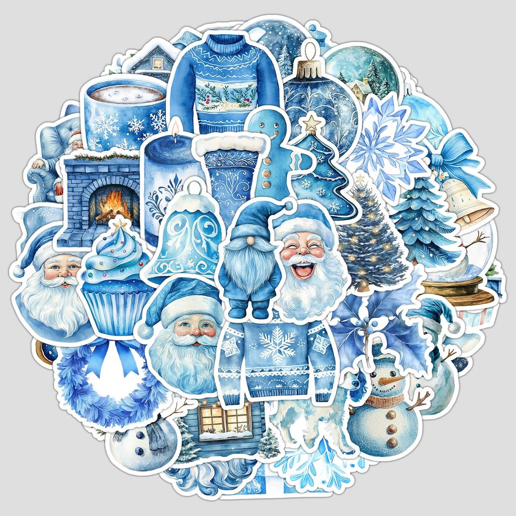 50 Blue Christmas Doodle Stickers Creative Christmas Stickers Mobile Phone Computer Waterproof Decorative Stickers