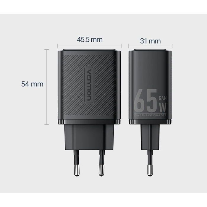Chargeur Secteur - VENTION - 3-Port USB GaN - 65W - Charge Rapide - Protection Surtension