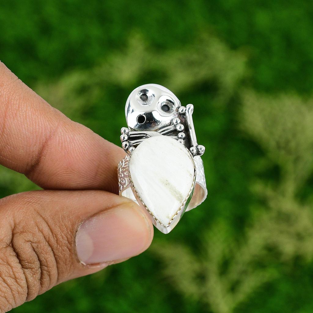 Gift For Her 925 Silver Natural Scolecite Promise Skull And Bone Adjustable Ring