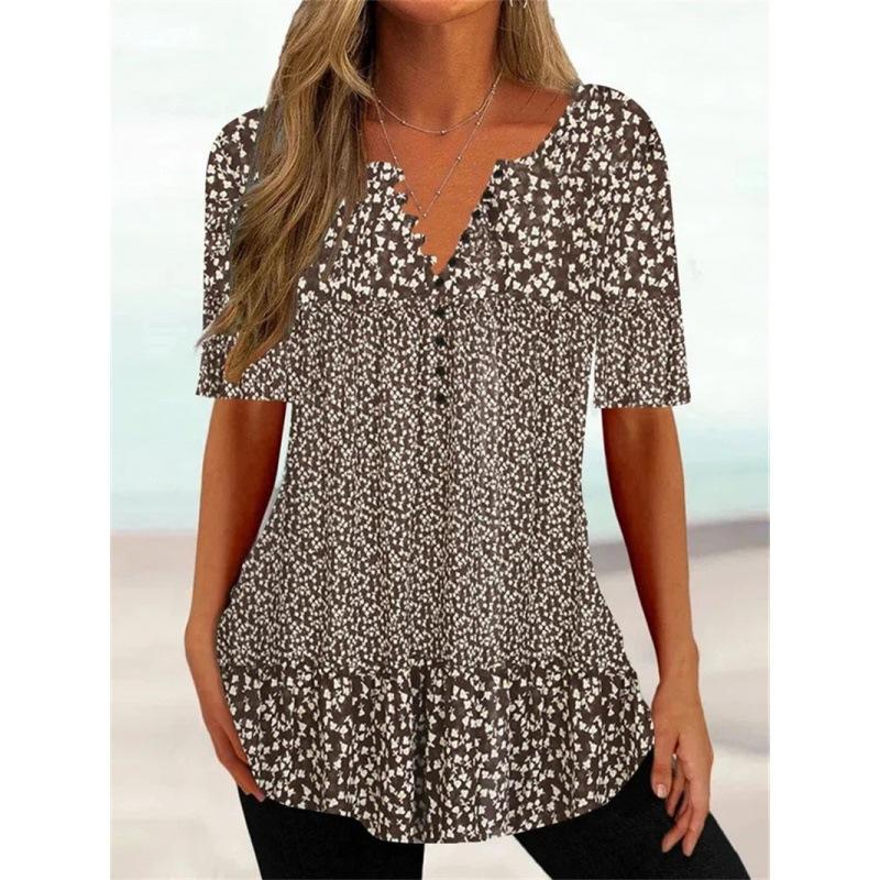 Trendy And Cool Women's Summer Loose V-neck Pullover Short-sleeved Button Printed T-shirt