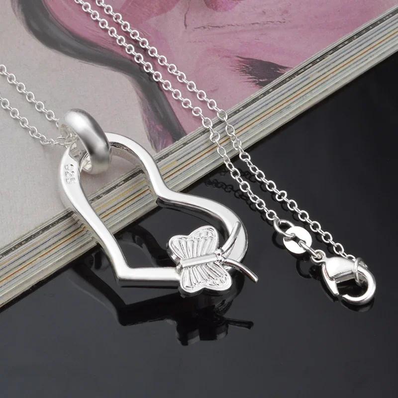 Popular Brands 925 Sterling Silver Pretty Heart Butterfly Pendant Necklace for Women Fashion Wedding Party Jewelry Holiday Gifts