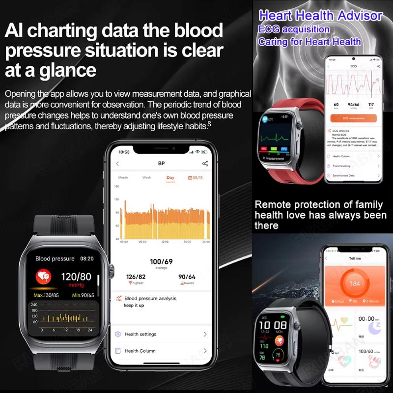 2025 Новые умные часы с подушкой безопасности Уровень ухода Звонок по Bluetooth Воздушный насос ЭКГ Точно Измерение артериального давления Мочевая кислота Липиды крови часы мужские