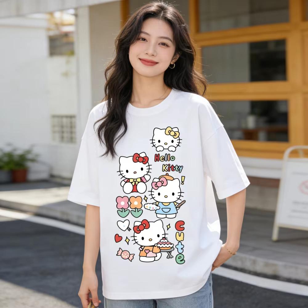 2026 новый летний милый графический топ HelloKitty повседневный хлопковый топ с коротким рукавом для женщин и девочек Каваи мультяшный принт Streetwear