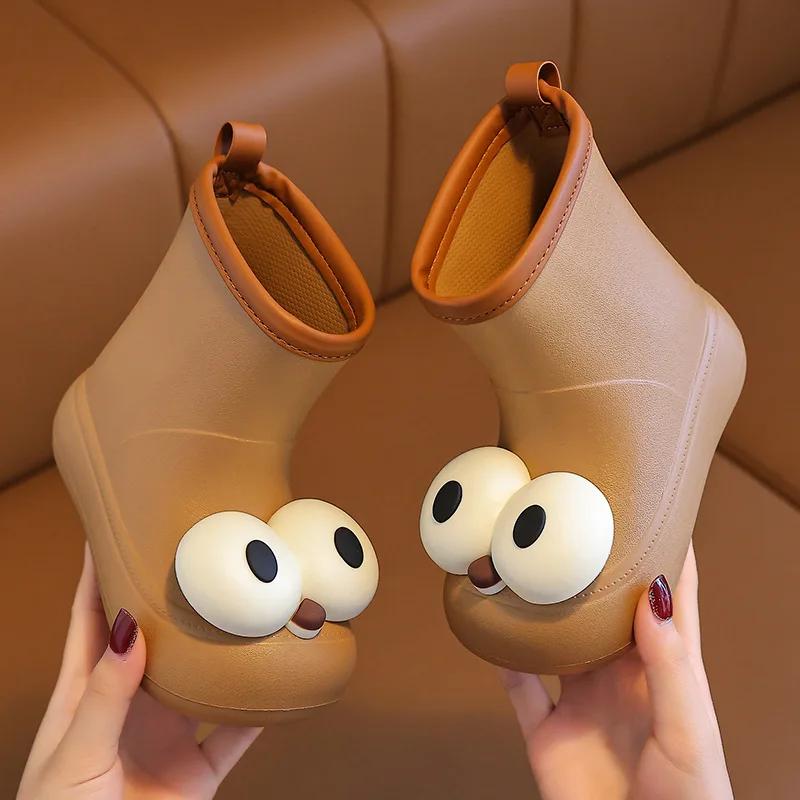 Модные милые детские водонепроницаемые дождевые сапоги, нескользящие, для мальчиков и девочек, роскошные резиновые сапоги с большими глазами, детская модная обувь из ЭВА для воды на все времена года